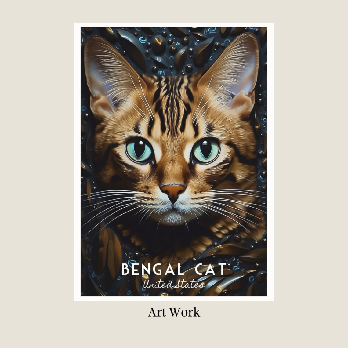 Bengal Cat Green Eyes Golden Mosaic Pet Portrait Poster for Home - Image 2