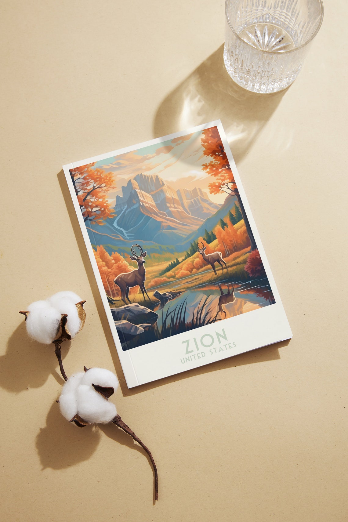 Zion National Park Deer Pond Autumn Canyon Scene Vintage Travel Poster - Image 2