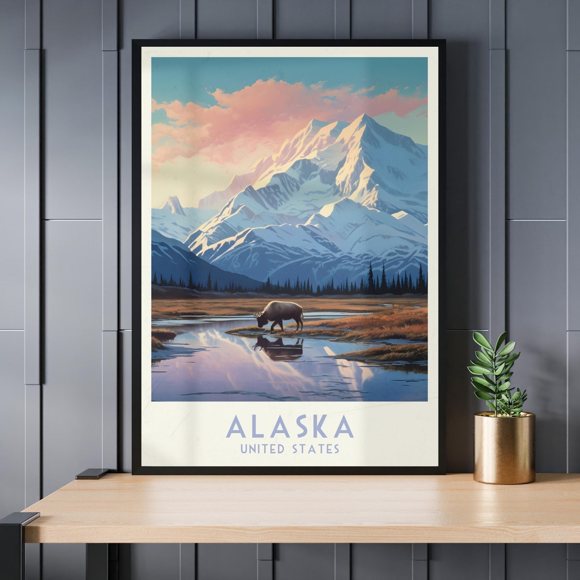 Alaska United States Moose Tundra Peak Sunrise Travel Poster - Image 3