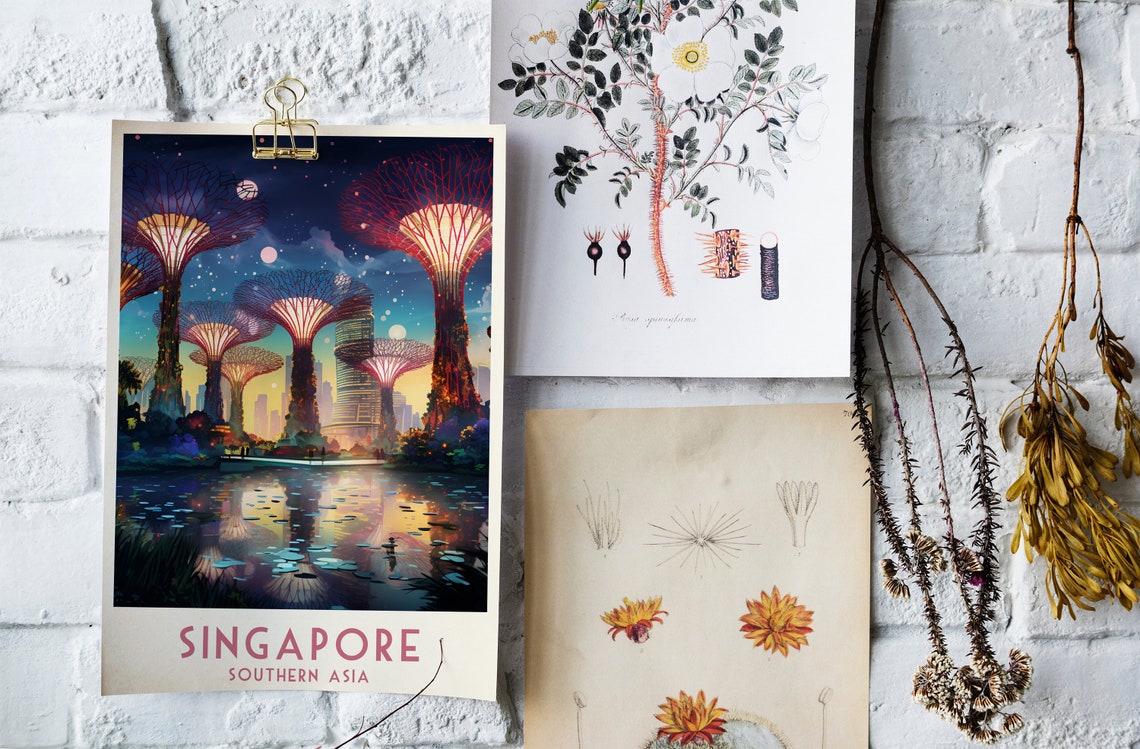 Singapore Supertree Grove Night Lights Vintage Gardens Travel Poster - Image 4
