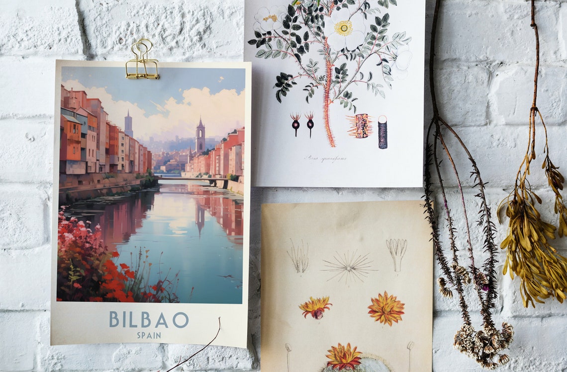 Bilbao Spain Riverside Old Town Bridge Scene Vintage Travel Poster - Image 4