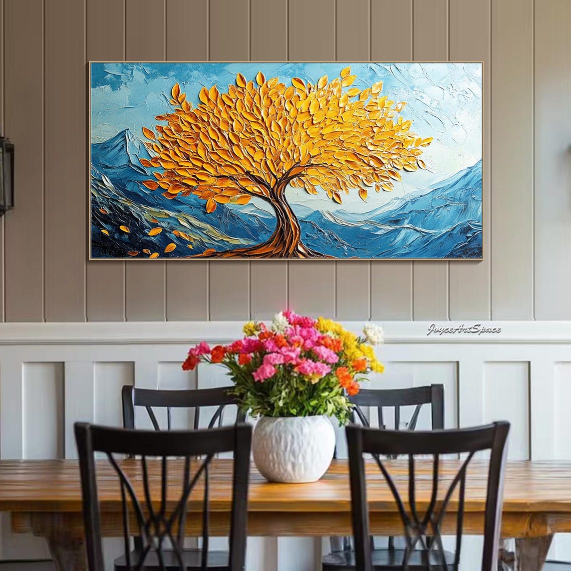 Golden Tree of Life 3D Impasto Blue Mountain Landscape Wall Art - Image 3