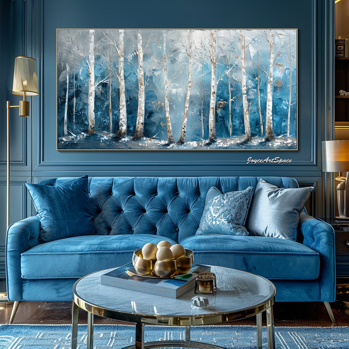 White Birch Trees Teal Textured 3D Forest Oil Painting Poster - Image 3