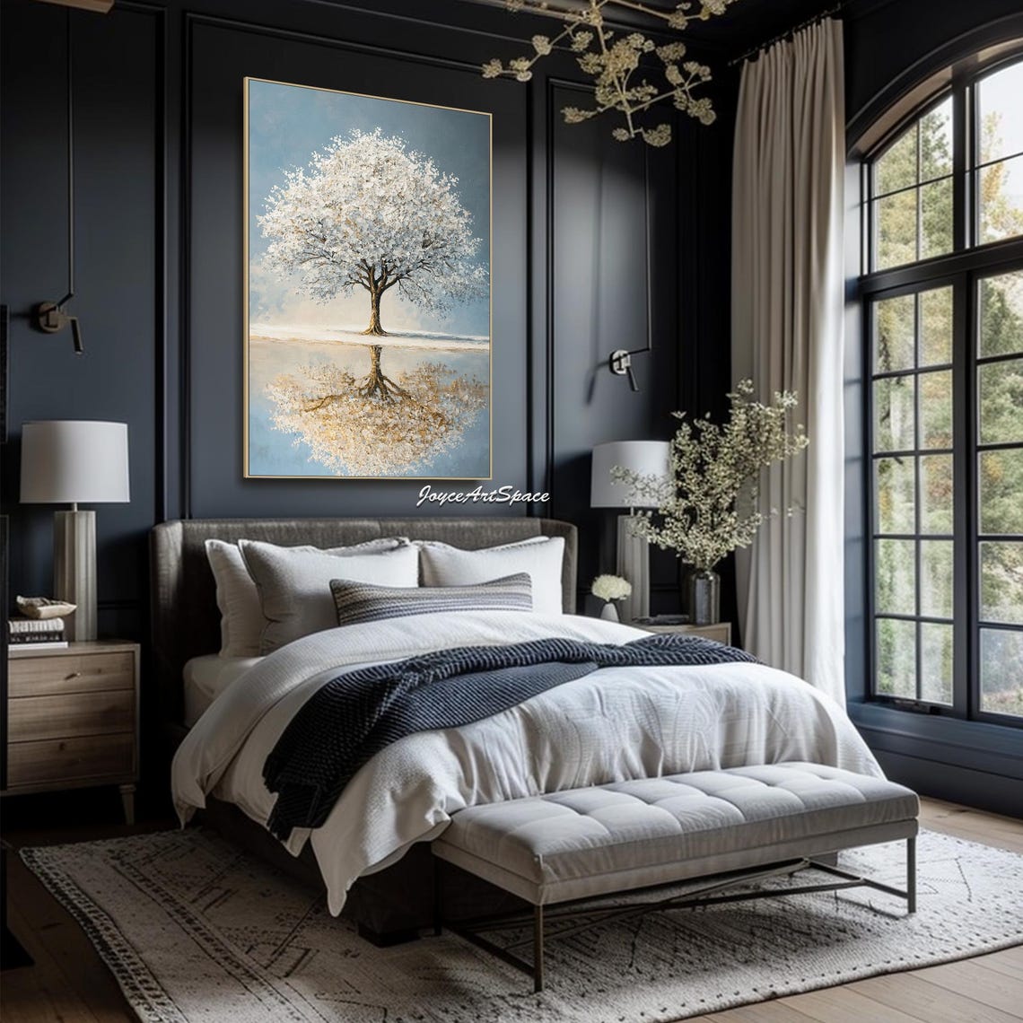 White Blossom Tree Water Reflection Serene Textured 3D Art Poster - Image 2
