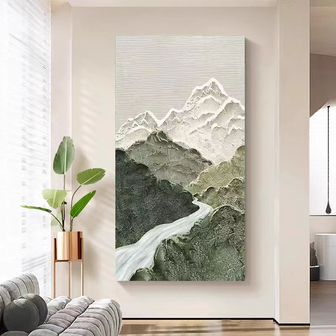 Minimalist Green Mountains White River Abstract 3D Textured Wall Art - Image 3