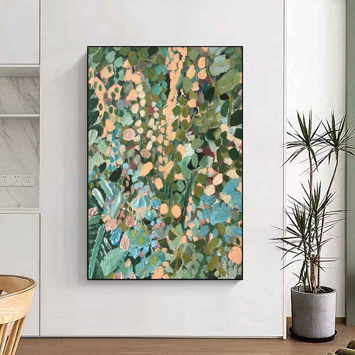 Abstract Green Jungle Leaves Blue Peach 3D Textured Wall Art - Image 2