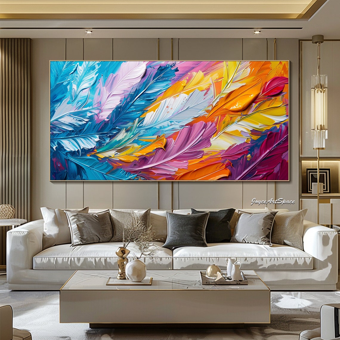Colorful Feathers Teal Purple Orange 3D Impasto Abstract Wall Art - Image 3