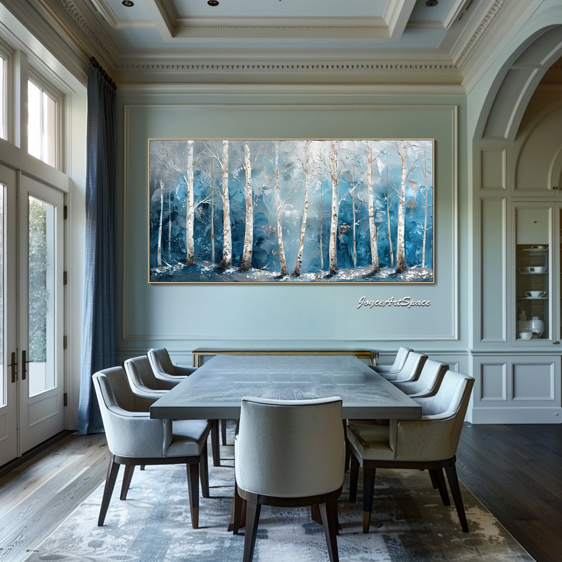 White Birch Trees Teal Textured 3D Forest Oil Painting Poster - Image 5