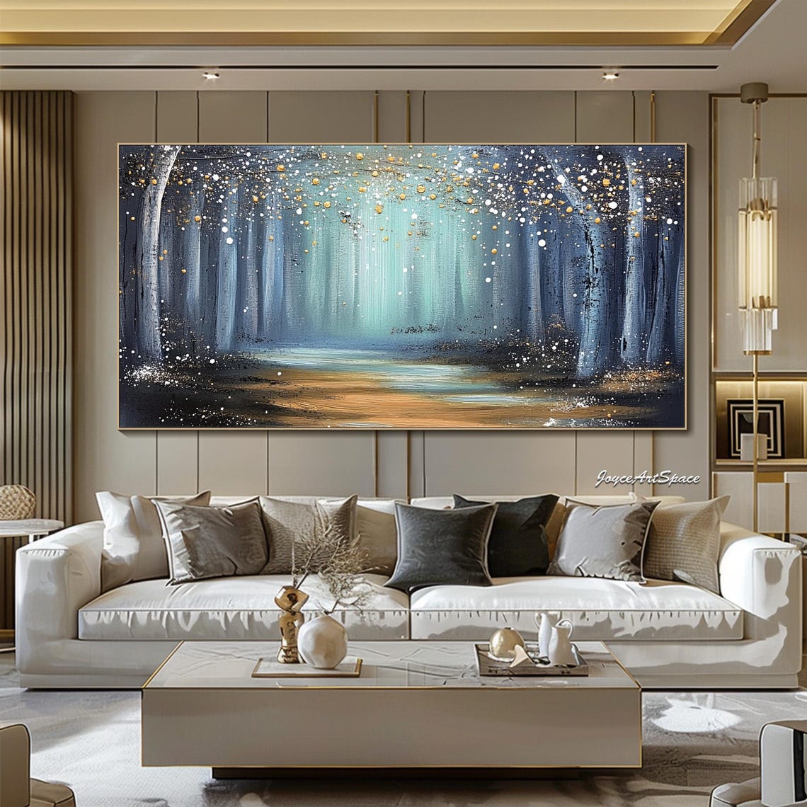 Starry Blue Forest Night Gold Dots Textured 3D Landscape Oil Poster - Image 2