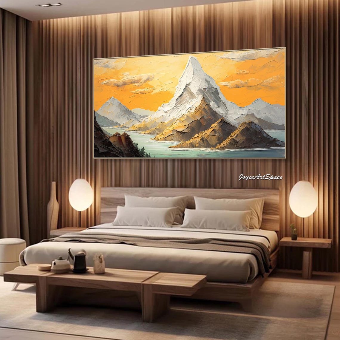 Snowcapped Mountain Golden Sunset Lake View 3D Impasto Wall Art - Image 3