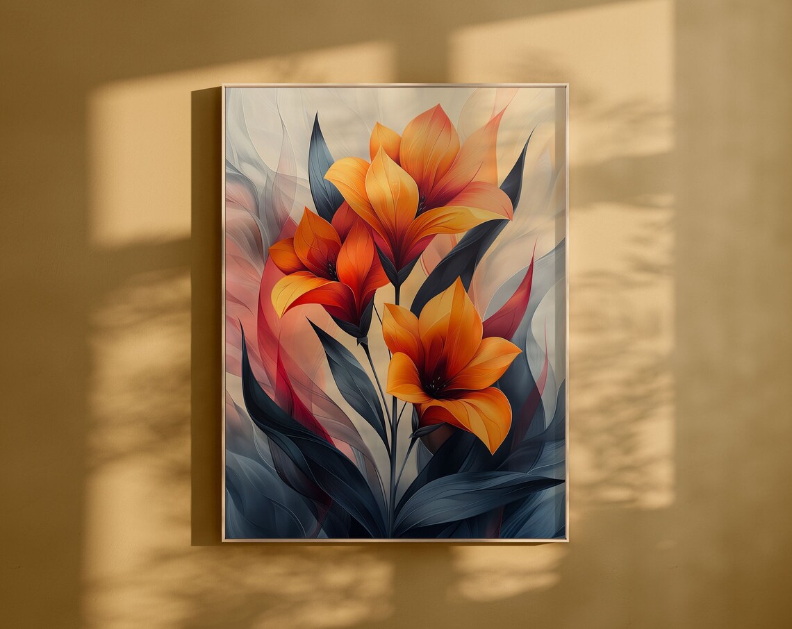Orange Lily Blooms with Dark Leaves Abstract Floral Art Poster