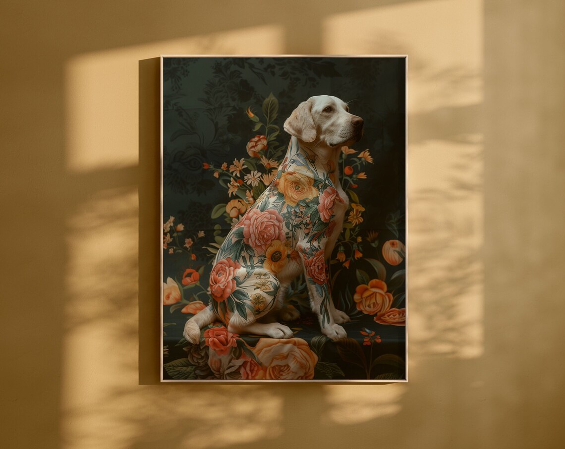 Yellow Labrador Floral Bloom Double Exposure Portrait Art Poster