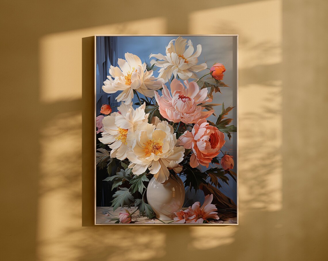 White and Pink Peonies in a Vase Classic Floral Bouquet Poster