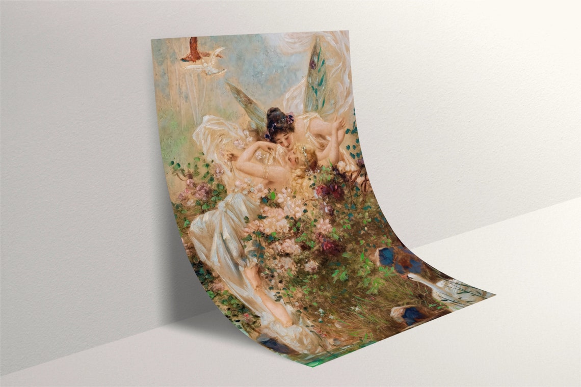 Hans Zatzka Two Fairies Embracing Poster Antique Female Couple Painting Vintage Lesbian Print Lgbt Poster Lesbian Kissing Wall Art - Image 2