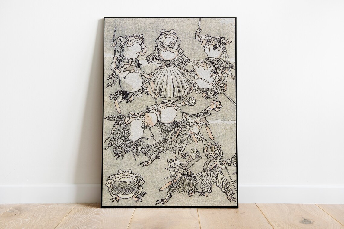 Japanese Frog Woodblock Wrestling Frogs Antique Ukiyo-e Art Poster - Image 3