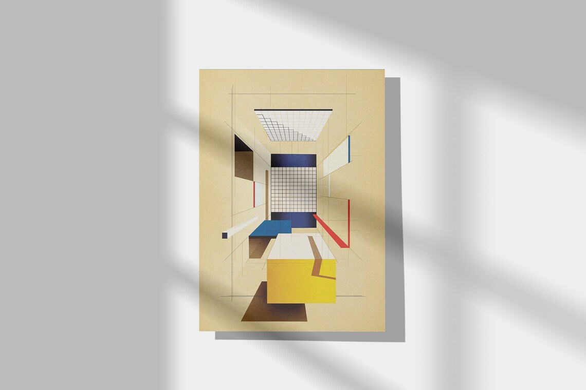 Bauhaus Geometric Architecture Yellow Blue Abstract Composition Art Poster - Image 2
