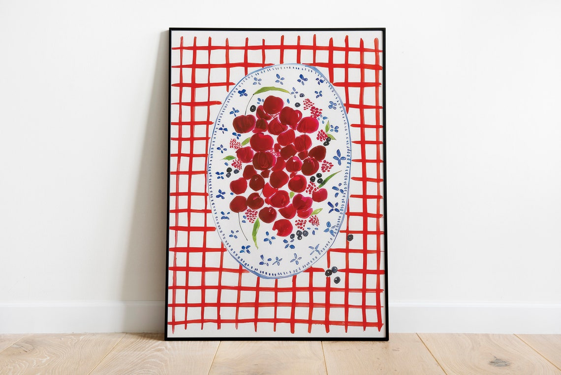 Fresh Cherries On Floral Platter Red Checkered Kitchen Art Poster - Image 3