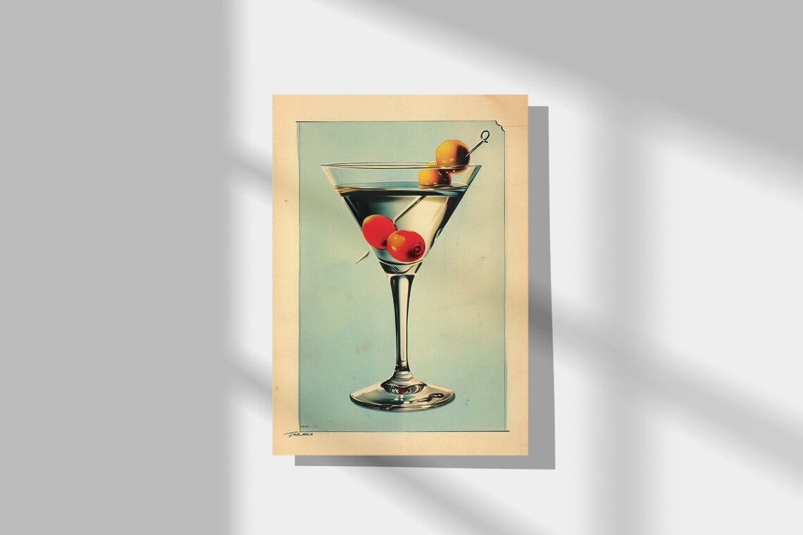 Retro Martini Cocktail Glass With Olives Vintage Style Drink Poster - Image 3