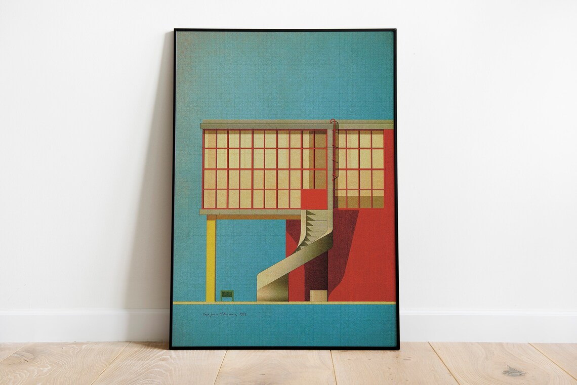 Modernist Red Building Glass Facade Curved Staircase Architecture Art Poster - Image 3