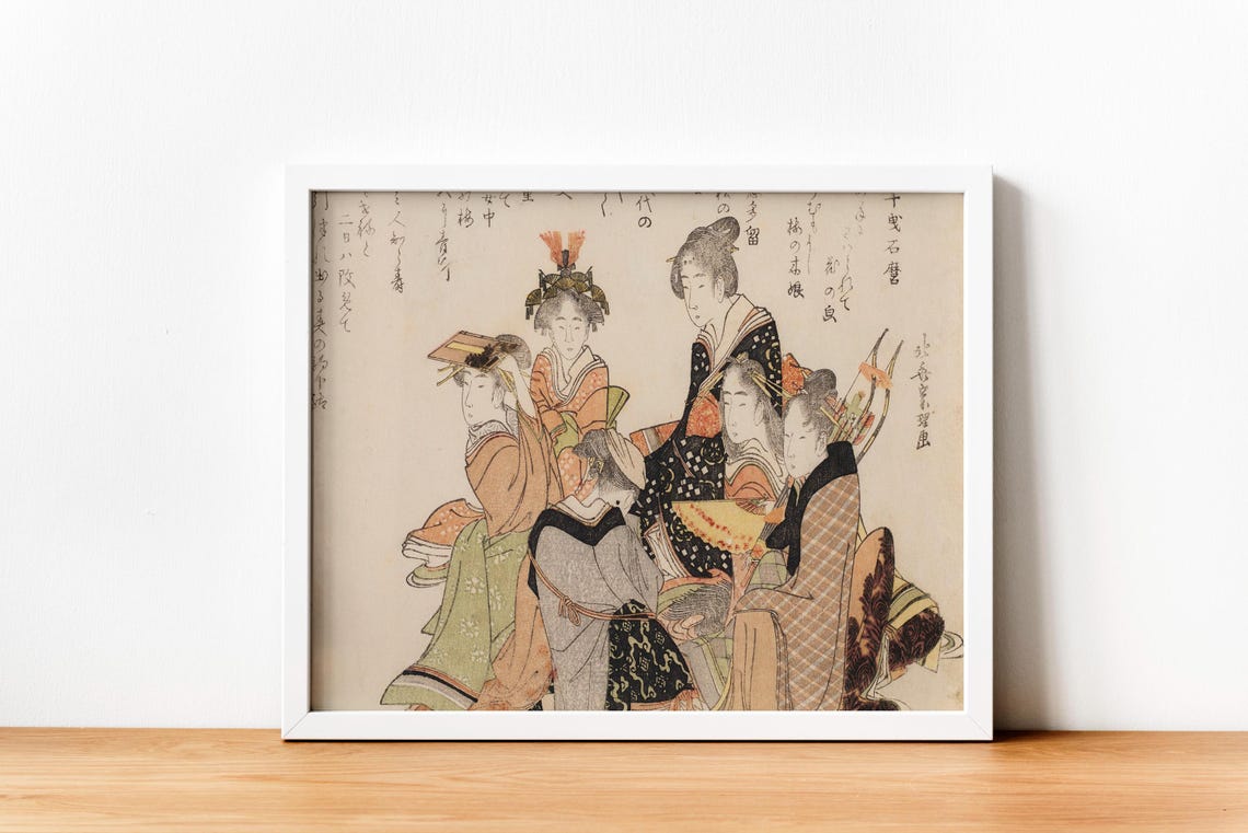 Five Japanese Beauties in Kimono Classic Ukiyo-e Woodblock Poster