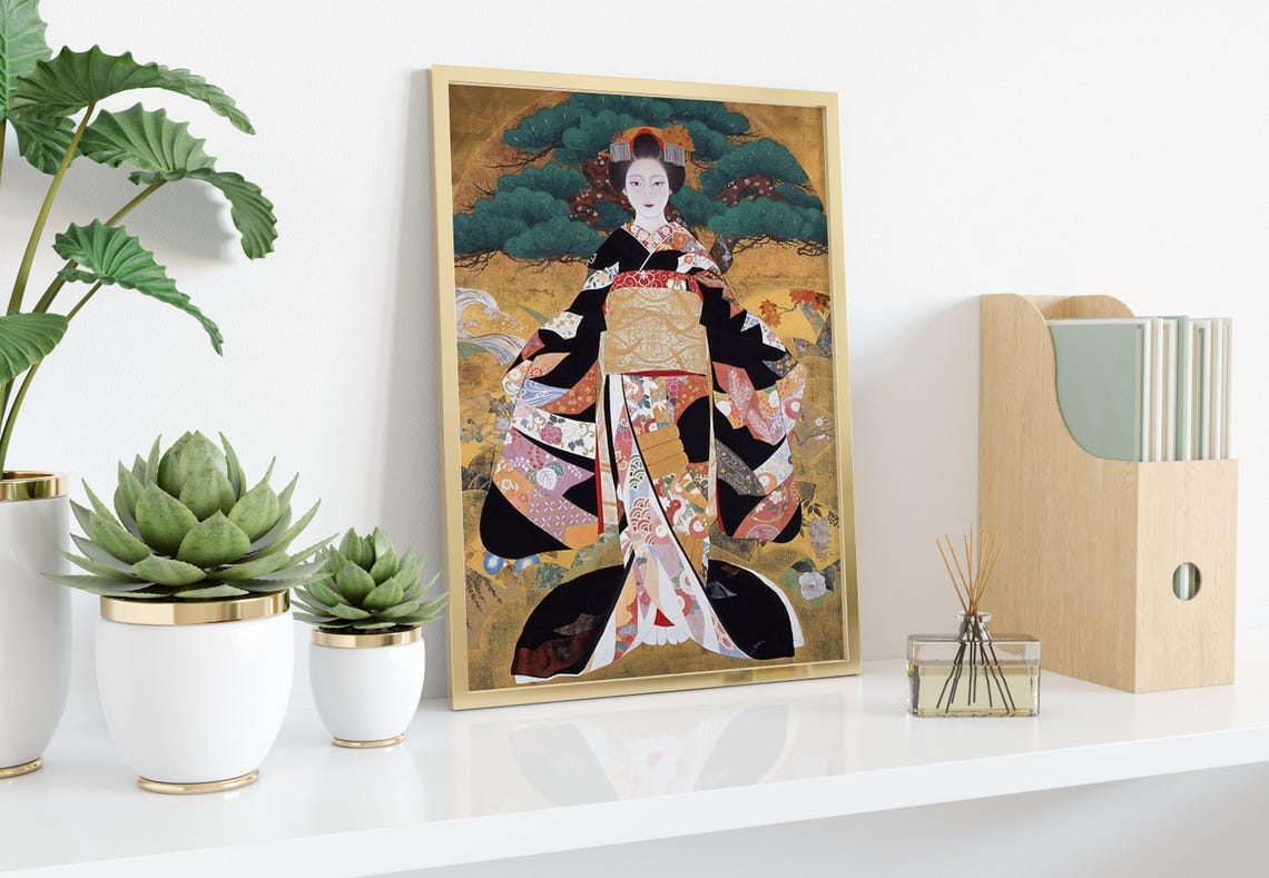 Japanese Courtesan in a Golden Kimono Traditional Beauty Art Poster - Image 2