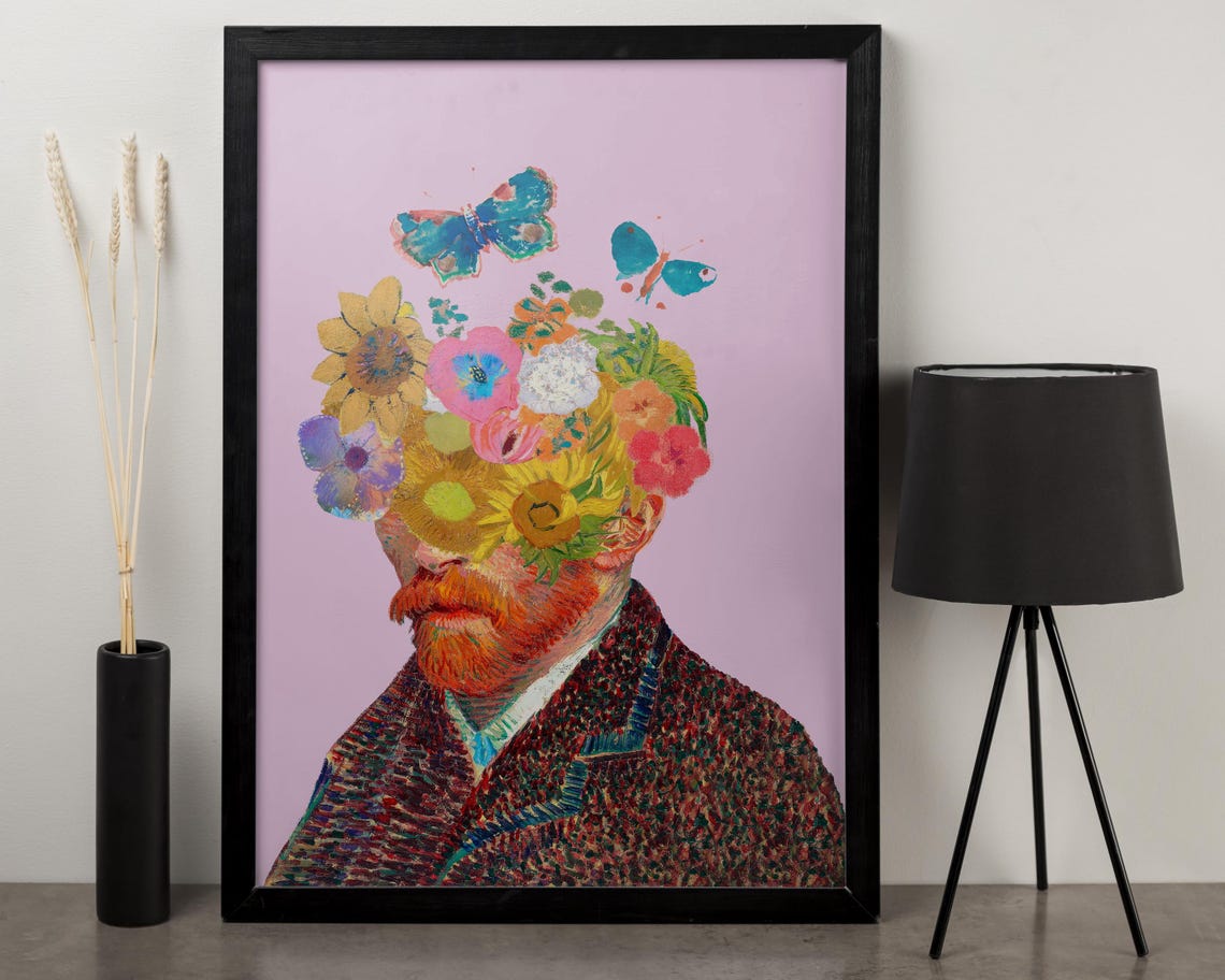 Van Gogh Style Portrait with a Floral Head Collage Art Poster
