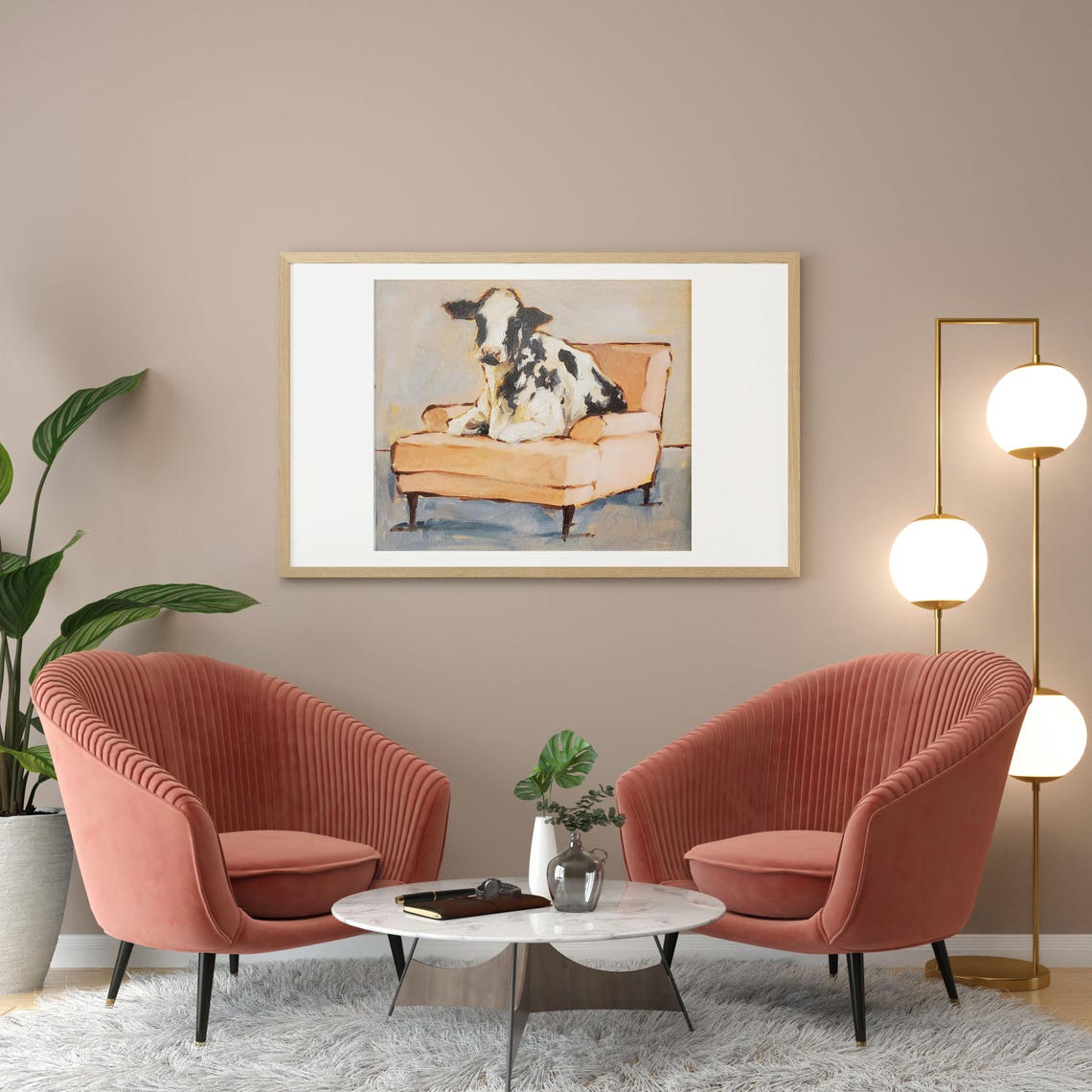 Funny Cow Sitting Like Royalty on a Pink Armchair Painting Poster - Image 2