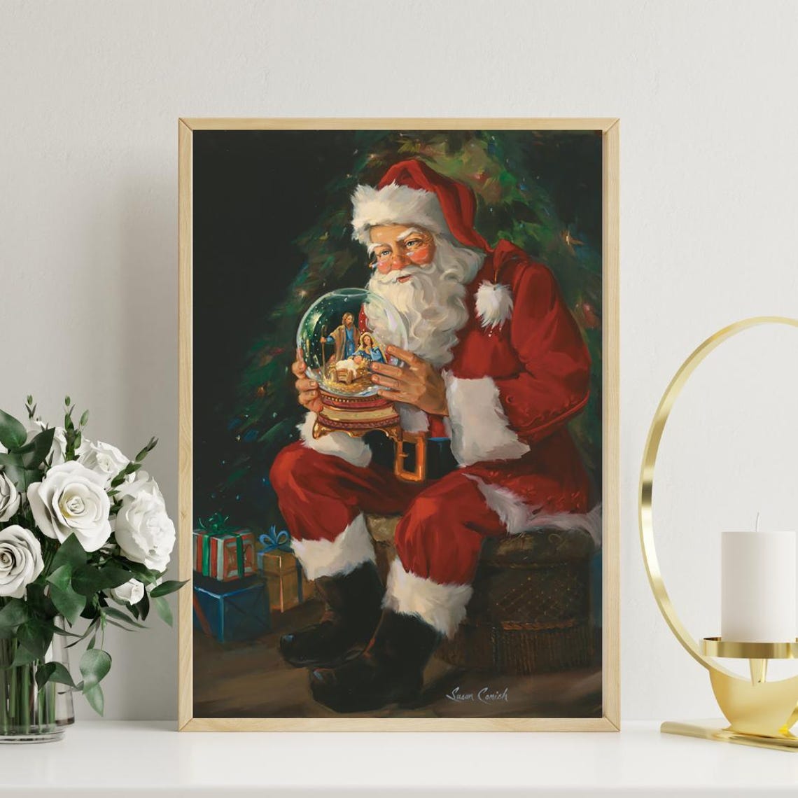 Vintage Santa Claus Holding a Snow Globe Christmas Art Poster - Image 5