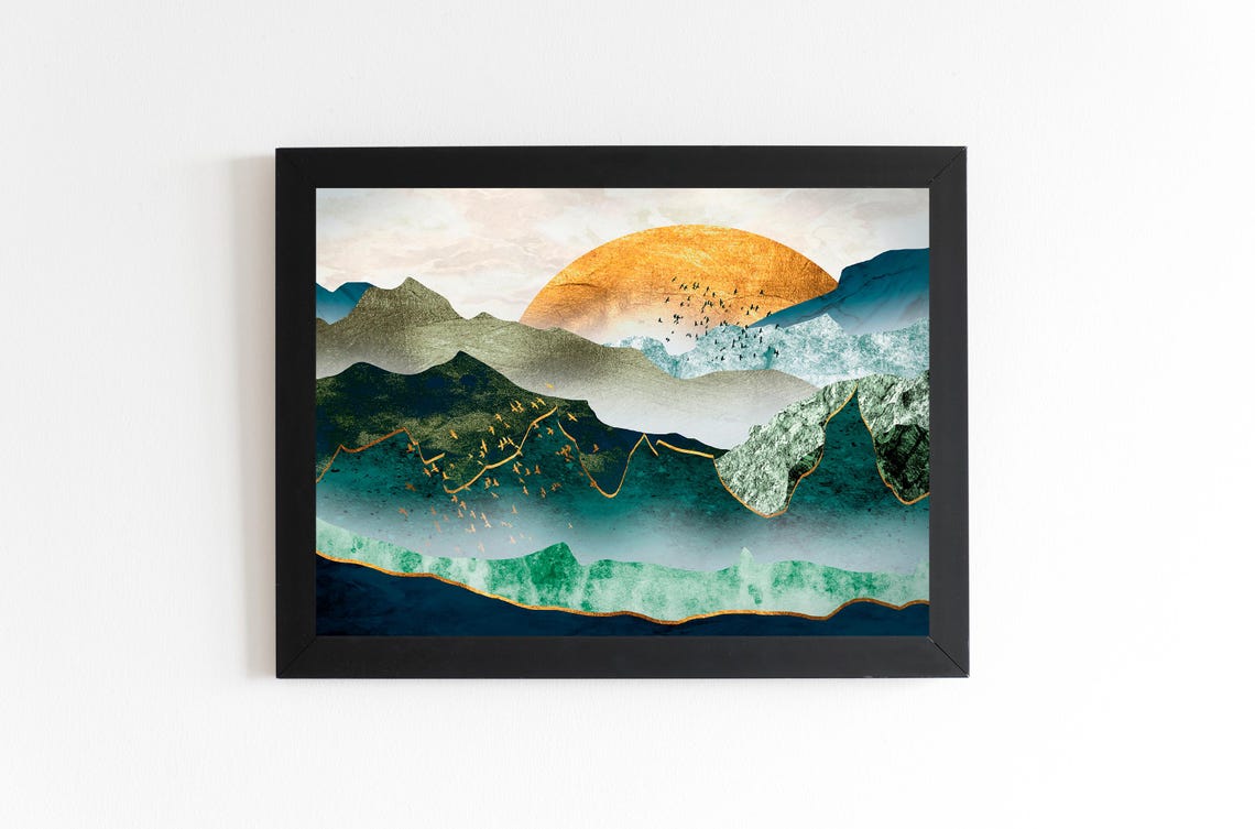 Abstract Teal Mountain Landscape with Gold Sun Modern Poster - Image 2