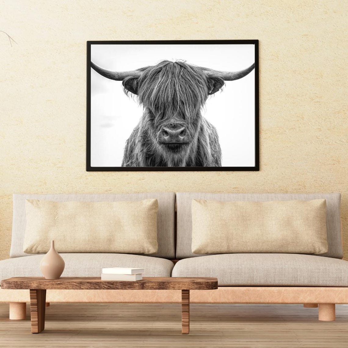 Highland Cow Close-Up Black and White Minimalist Photo Poster - Image 3