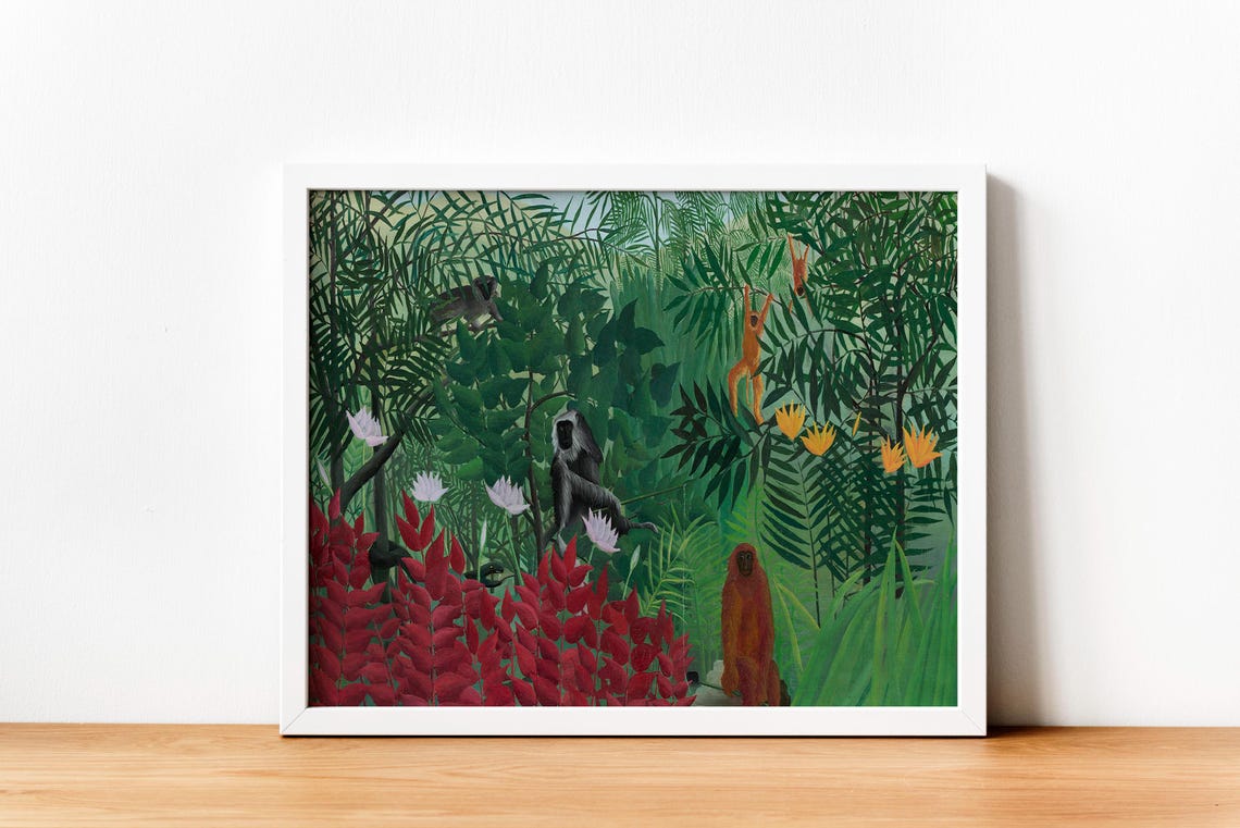 Tropical Jungle With Monkeys Henri Rousseau Style Vintage Art Print