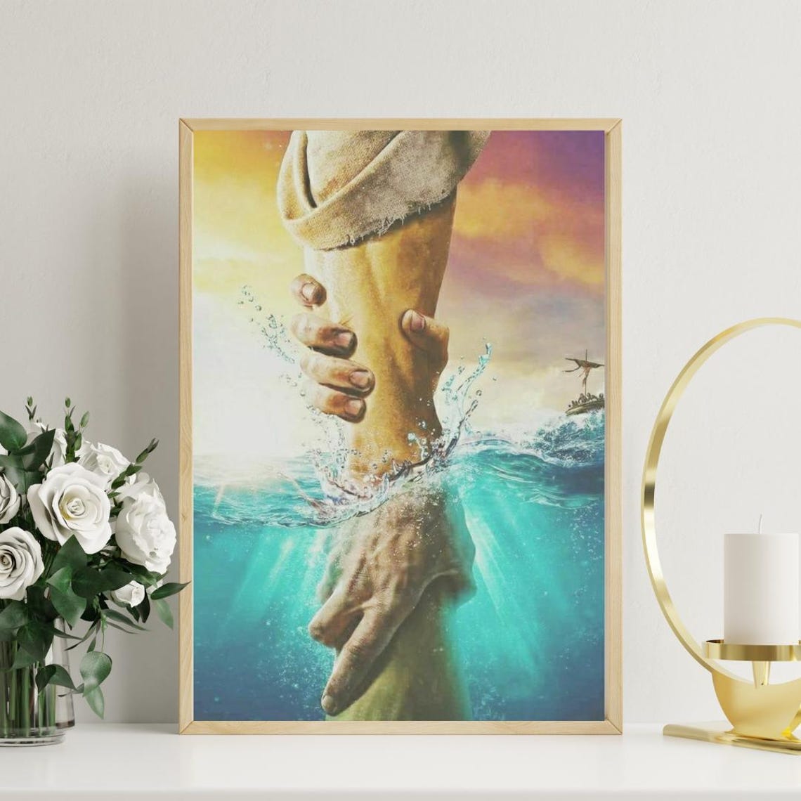 Hand Reaching Down To Rescue Drowning Hand Stormy Sea Faith Poster