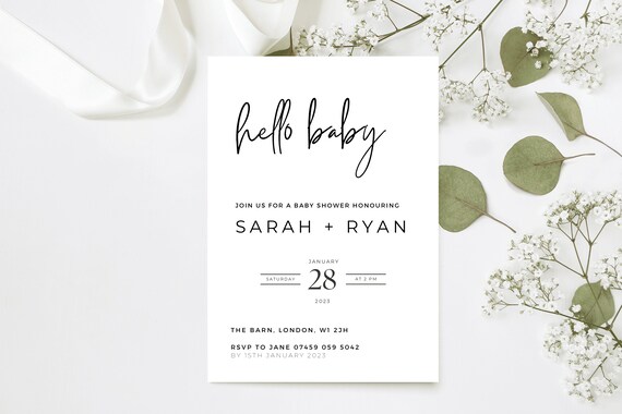 Hello Baby Shower Invitation Modern Minimalist Calligraphy Art Poster