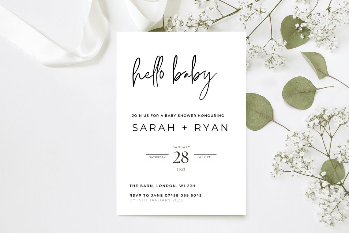 Hello Baby Shower Invitation Modern Minimalist Calligraphy Art Poster