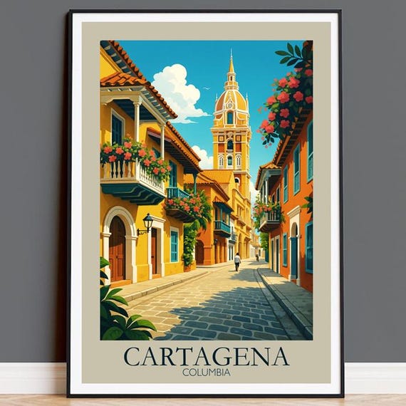 Cartagena Colombia Travel Poster Vintage Tropical Art
