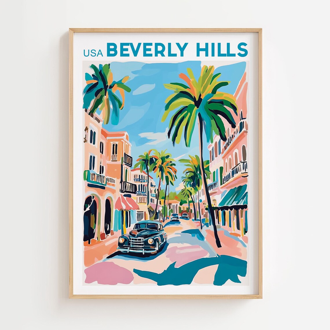 Beverly Hills USA Palm Lined Street Vintage Car Travel Poster