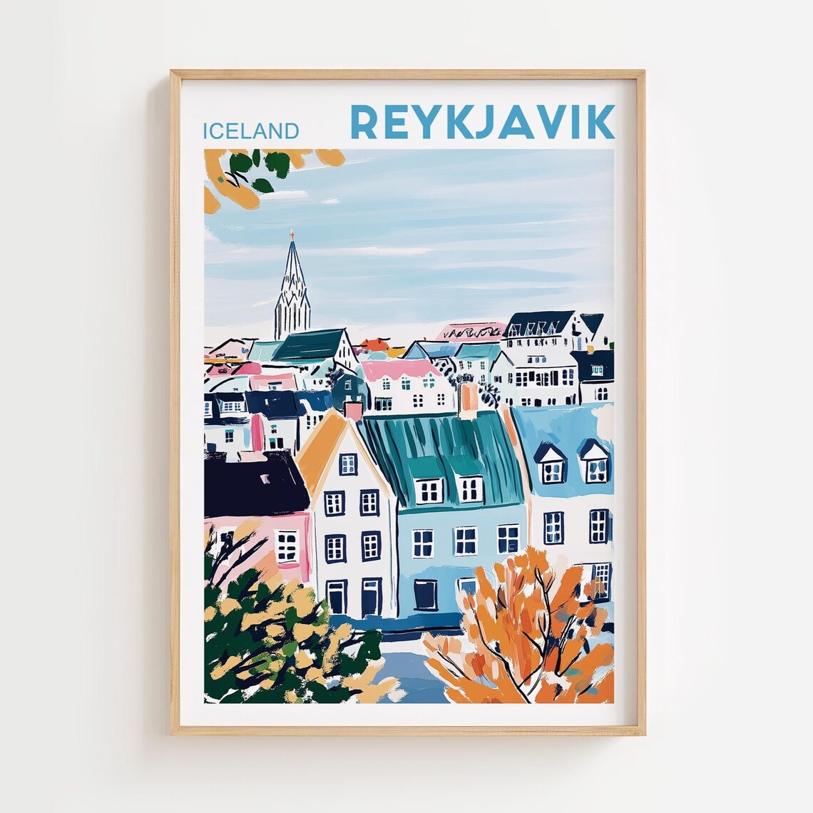 Reykjavik Iceland Colorful Houses Old Town Retro Travel Poster