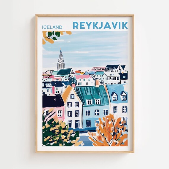 Reykjavik Iceland Colorful Houses Old Town Retro Travel Poster