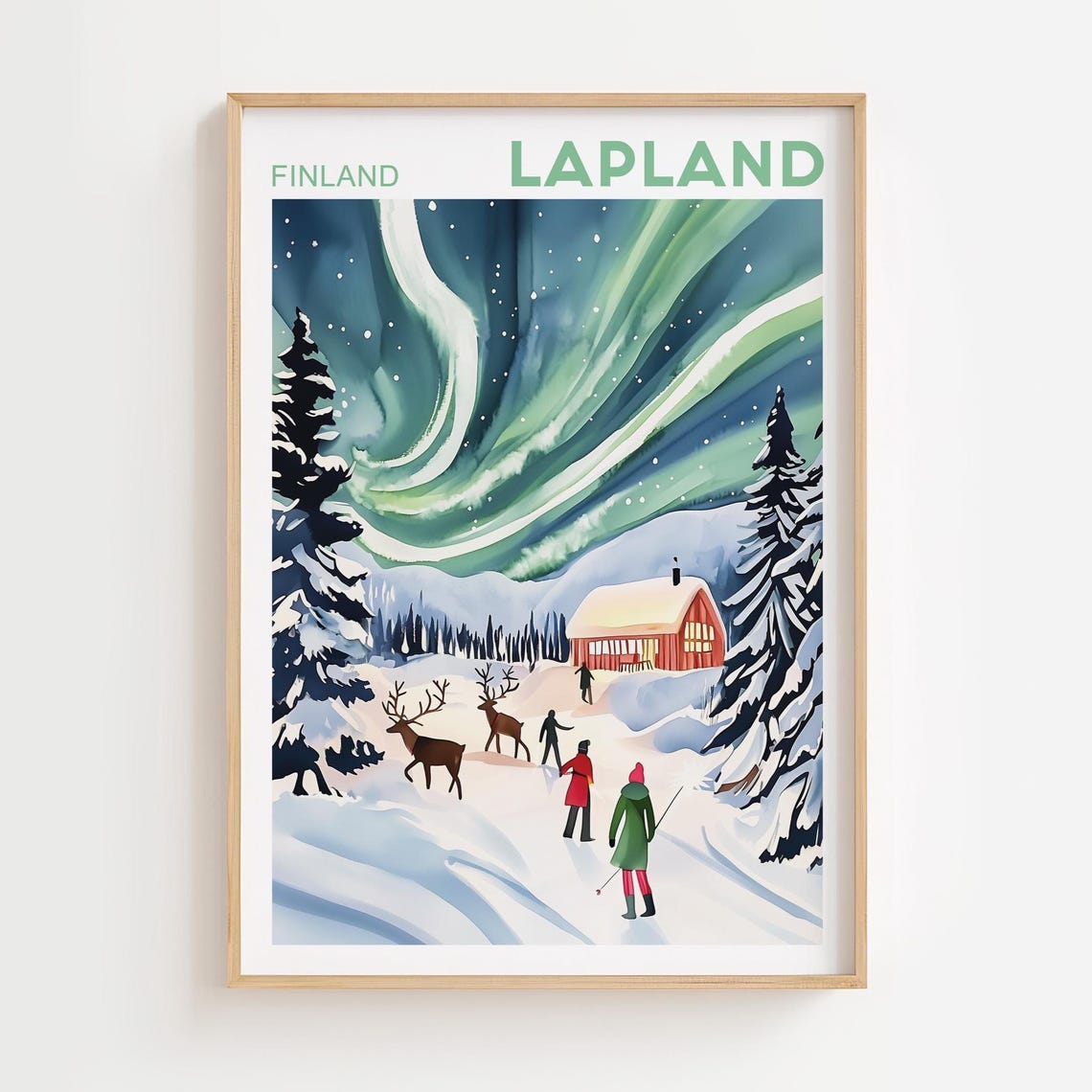 Lapland Finland Northern Lights Reindeer Winter Cabin Travel Poster