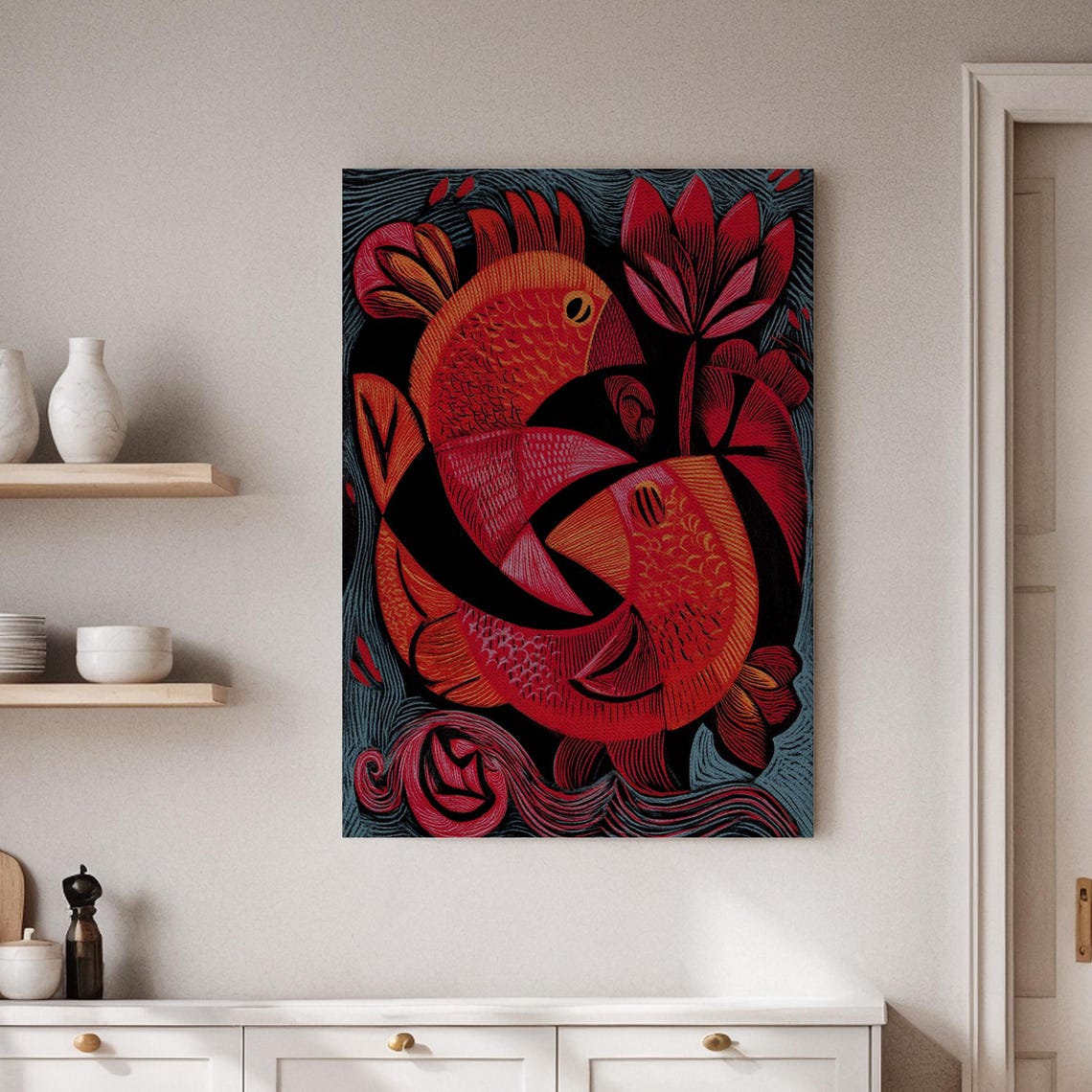 Framed Abstract Red Fish Canvas Wall Art Bold And Design Modern Colorful Print For Beautiful Home Or Office Decor