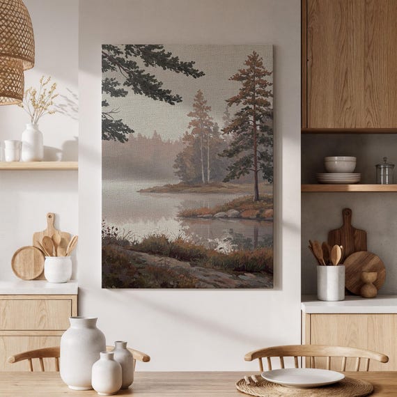 Serene Lakeside Landscape Canvas Print Foggy Forest Reflection Art Nature Wall Decor For Living Room Bedroom Or Office Handpainted