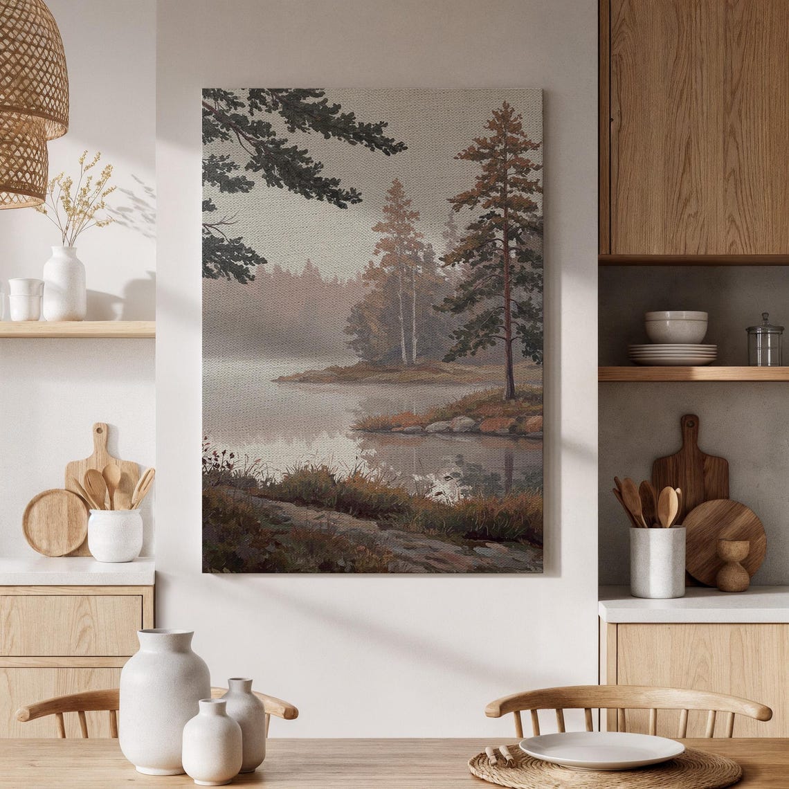 Foggy Pine Forest Lakeside Misty Morning Reflection Landscape Poster