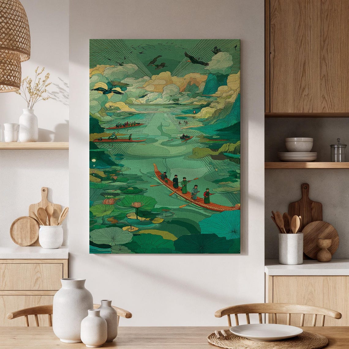 Oriental Boat Riders on Tranquil Green River Lotus Mountains Poster