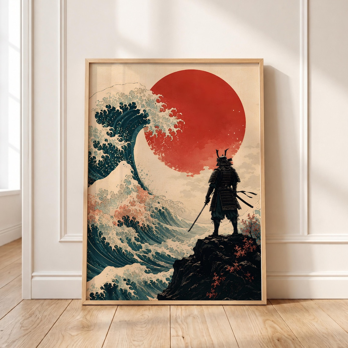 Samurai Warrior Great Wave Japanese Vintage Woodblock Red Sun Cliffside Poster