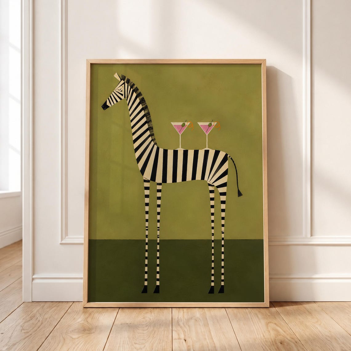 Zebra Martini Cocktail Art Print Whimsical Bar Cart Decor