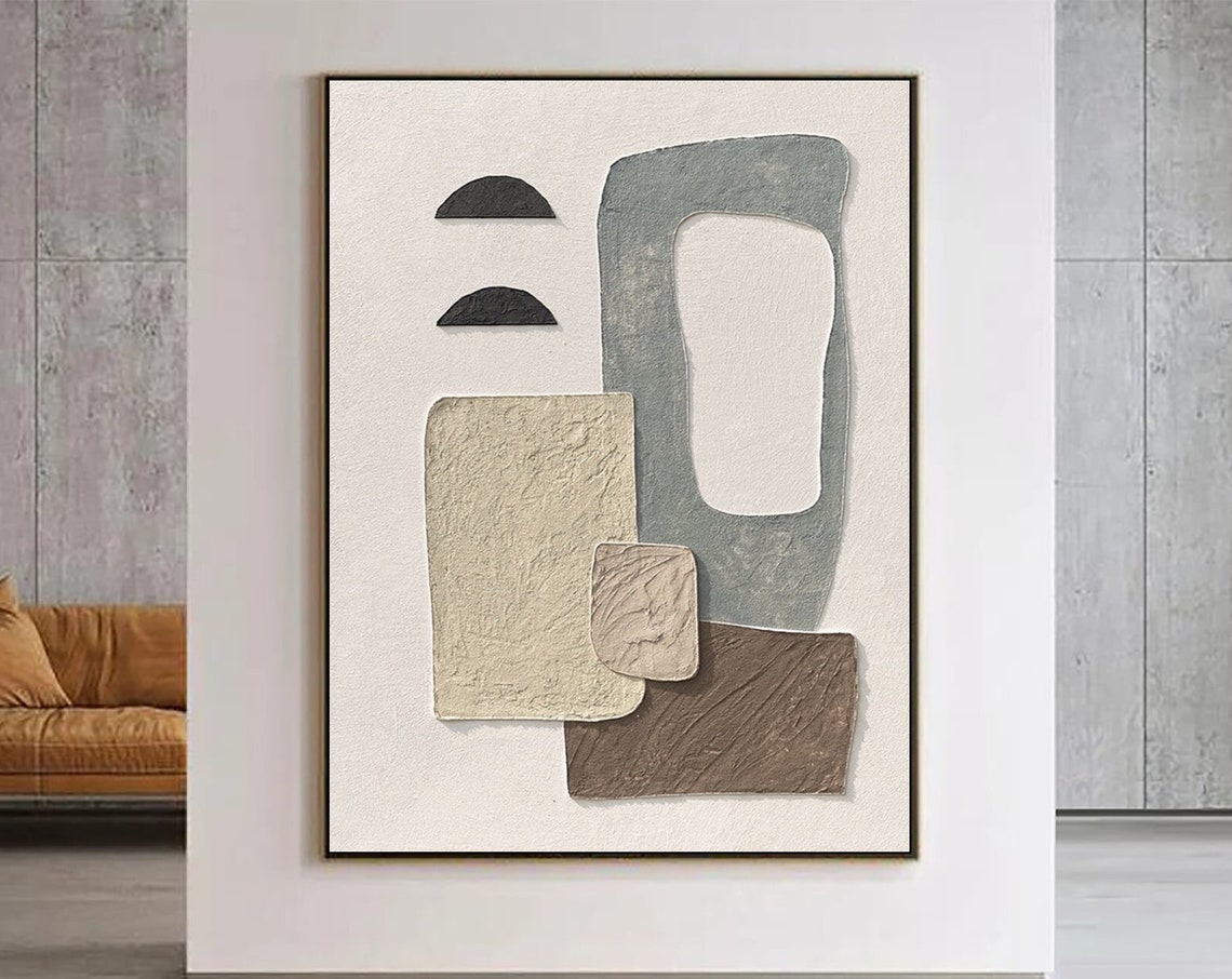 Beige Gray Brown 3D Relief Geometric Blocks Sculptural Textured Poster