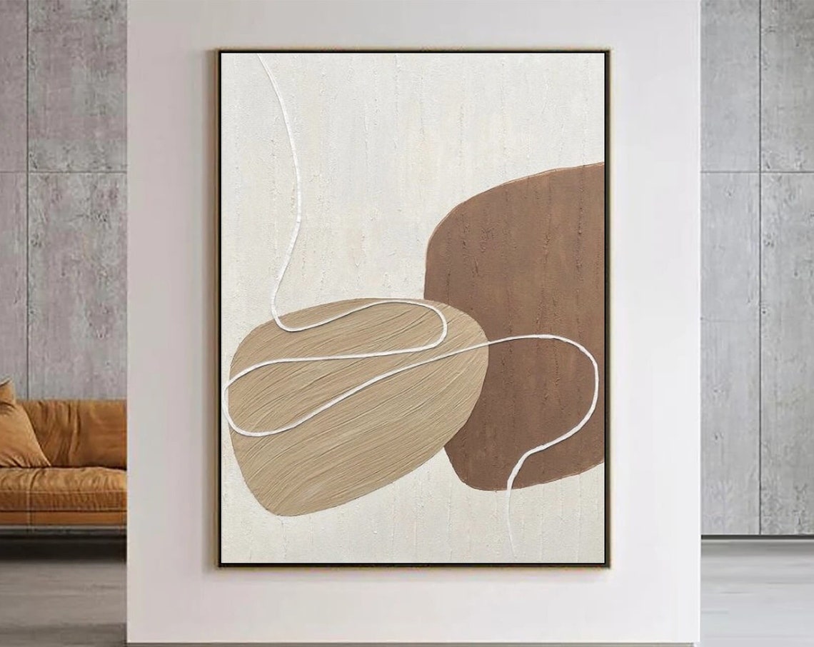 Overlapping Tan Rounded Forms With White Wave Line Art Poster