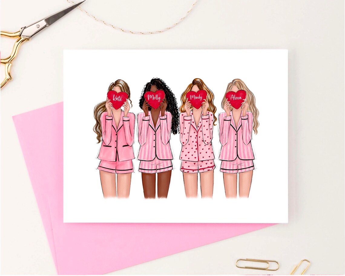 Galentines Day Card Five Friends Pink Pajamas Heart Names Poster - Image 3