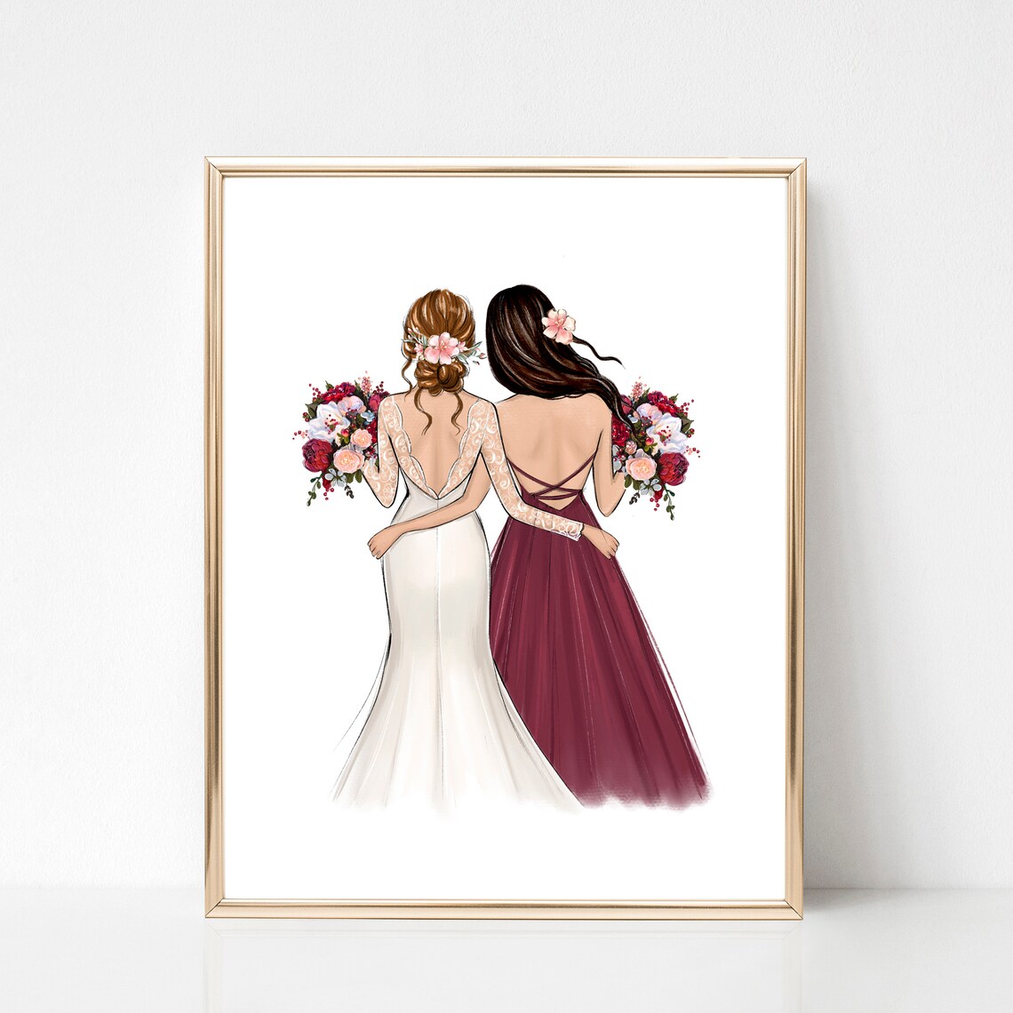 Bride and Bridesmaid Burgundy Gowns Back View Fashion Poster