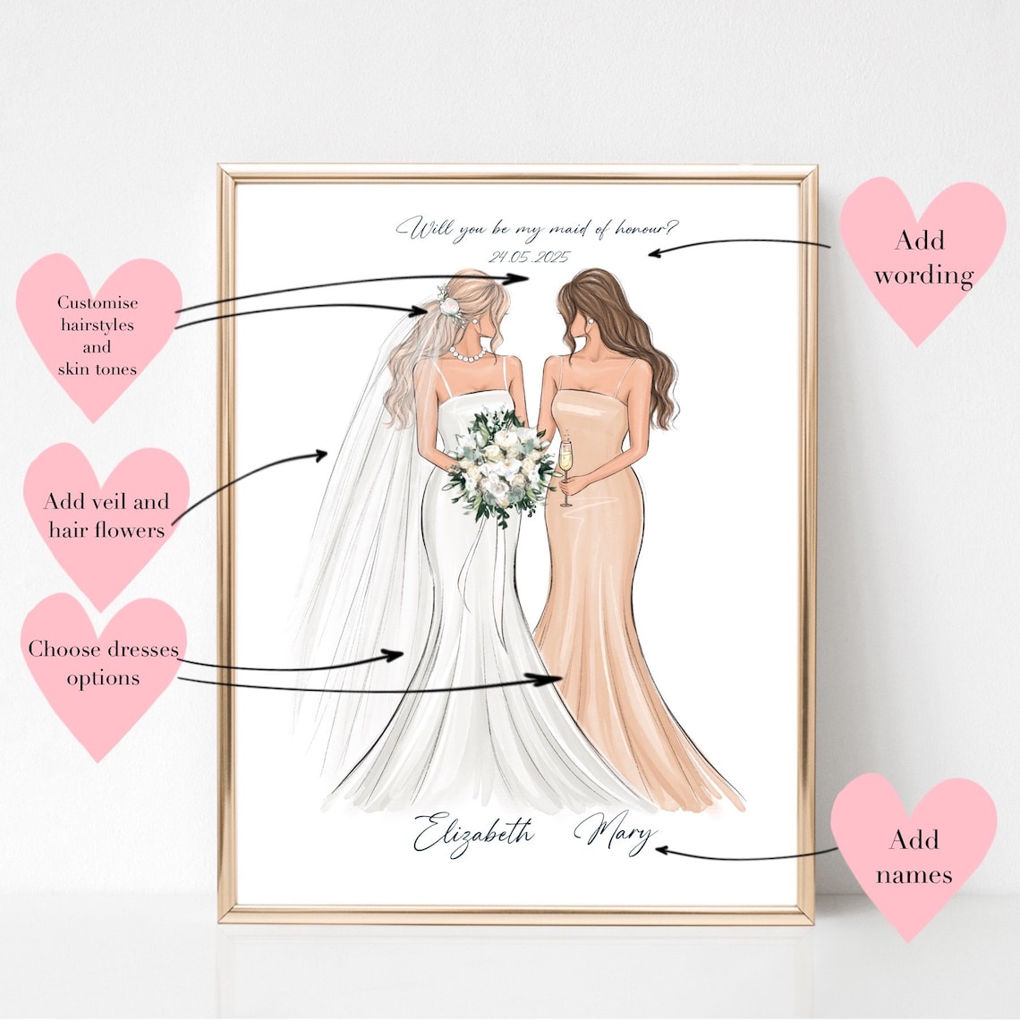 Custom Bridesmaid Illustration, Bridal Party Art Print - Image 4